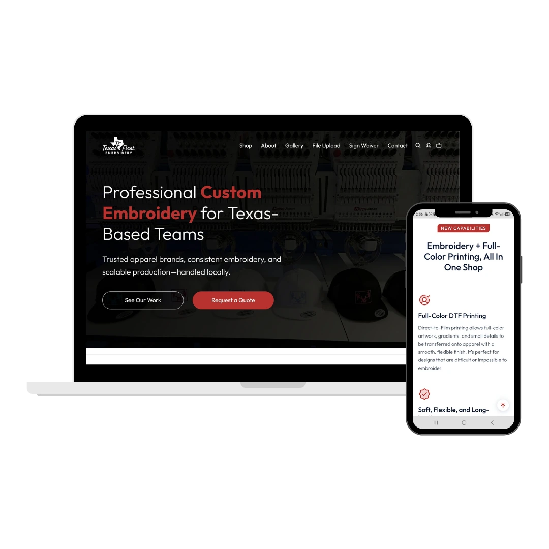 Texas First Embroidery website shown on desktop and mobile devices